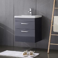 Modern Bathroom Vanity Unit Basin Sink With 2 Drawer Wall Hung Cloakroom Grey