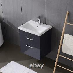 Modern Bathroom Vanity Unit Basin Sink With 2 Drawer Wall Hung Cloakroom Grey