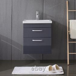 Modern Bathroom Vanity Unit Basin Sink With 2 Drawer Wall Hung Cloakroom Grey