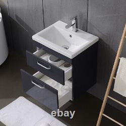 Modern Bathroom Vanity Unit Basin Sink With 2 Drawer Wall Hung Cloakroom Grey