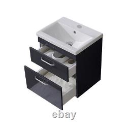 Modern Bathroom Vanity Unit Basin Sink With 2 Drawer Wall Hung Cloakroom Grey