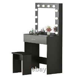 Modern Dressing Table Set with LED Lights Mirror Vanity Makeup Desk Stool Bedroo