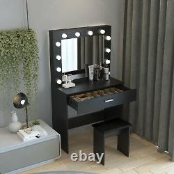 Modern Dressing Table Set with LED Lights Mirror Vanity Makeup Desk Stool Bedroo
