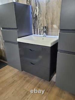 Modern PVC Vanity Unit Grey With Ceramic Basin, Clicker, Led Mirror