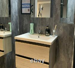 Modern Wall Hung Vanity Unit Bathroom Sink Cabinet in Grey Oak 600MM Pull Out