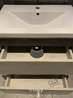 Modern Wall Hung Vanity Unit Bathroom Sink Cabinet in Grey Oak 600MM Pull Out