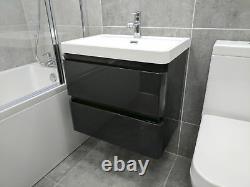 Newbold Anthracite Grey 600mm Bathroom Vanity Unit Wall Hung Sink 2 Drawers