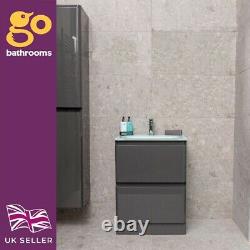 Newbold Dark Grey Gloss Bathroom Floor Vanity Unit White Glass Basin 60cm