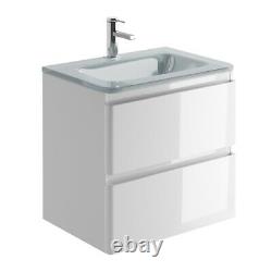 Newbold Gloss White Bathroom Wall Hung Unit White Glass Basin Sink 60cm