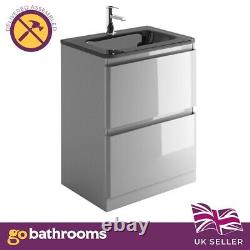 Newbold Grey Gloss Bathroom Floor Standing Vanity Unit Grey Glass Basin 60cm