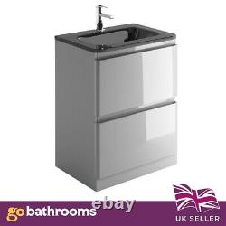 Newbold Grey Gloss Bathroom Floor Standing Vanity Unit Grey Glass Basin 60cm