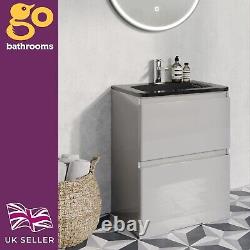 Newbold Grey Gloss Bathroom Floor Standing Vanity Unit Grey Glass Basin 60cm