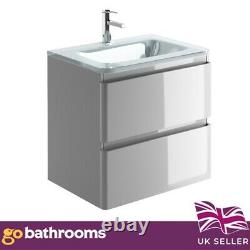 Newbold Grey Gloss Bathroom Wall Hung Vanity Unit White Glass Basin 60cm