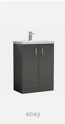 Nuie Arno Vanity Unit Grey 2 door Floor Standing Cabinet with ceramic Basin &Tap