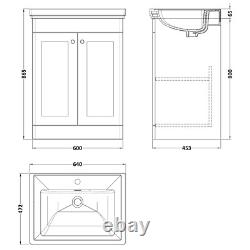Nuie Classique 600mm 2-Door Basin Vanity Unit 1 Tap Hole Bathroom Sink Cabinet