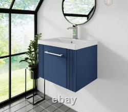 Nuie Deco 500mm Wall Hung Vanity Unit Satin Blue, Fluted Design, Modern Basin