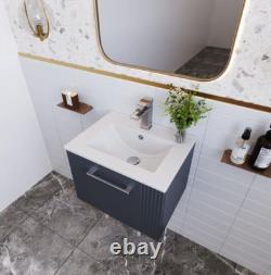 Nuie Deco 500mm Wall Hung Vanity Unit Satin Blue, Fluted Design, Modern Basin