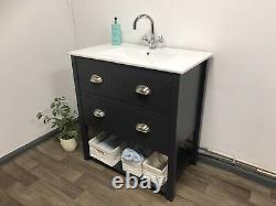 Painted Vanity Unit. 80cm Bathroom Washstand Cabinet with Ceramic Basin Black