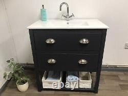 Painted Vanity Unit. 80cm Bathroom Washstand Cabinet with Ceramic Basin Black