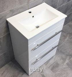 Savu 600mm Square Vanity Unit & Ceramic Basin Sink Bathroom Drawer White Gloss