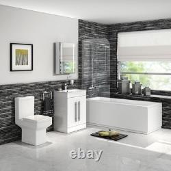 Shower Bath Bathtub Straight with Screen Basin Vanity Unit Toilet White Set