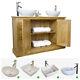 Solid Oak Vanity Unit Cabinet With Double Twin Ceramic Sink Basin Taps Set 1141