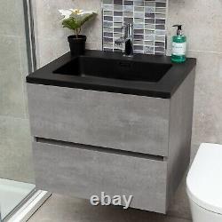 Urban Grey Bathroom Storage Wall Hung Vanity Unit Black Resin Basin 60cm
