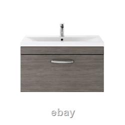 Wall Hung 1 Drawer Vanity Unit with Mid Edge Basin, 800mm, Brown Grey Avola