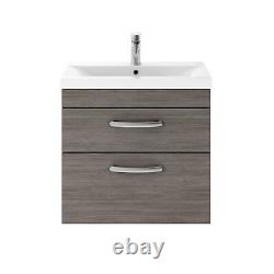 Wall Hung 2 Drawer Vanity Unit with Mid Edge Basin, 600mm, Brown Grey Avola