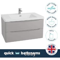 Wall Hung Bathroom Vanity Unit And Sink Basin Matt Bali Grey 2 Drawers 900mm