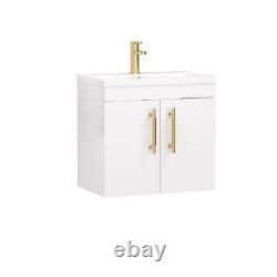 Wall Hung Bathroom Vanity Unit Cabinet 2-Door 500/600mm with Brass Gold Handle