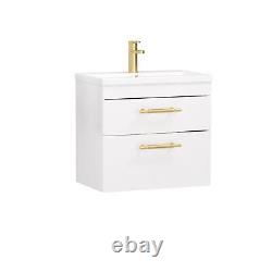 Wall Hung Bathroom Vanity Unit Cabinet 2 Drawer 500/600mm with Brass Gold Handle