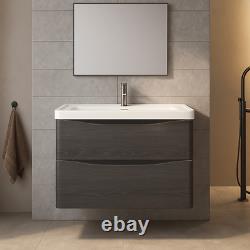 Wall Hung Bathroom Vanity Unit With Sink Basin 900mm Graphite Oak 2 Drawer