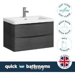 Wall Hung Bathroom Vanity Unit With Sink Basin 900mm Graphite Oak 2 Drawer
