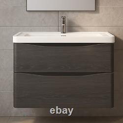Wall Hung Bathroom Vanity Unit With Sink Basin 900mm Graphite Oak 2 Drawer