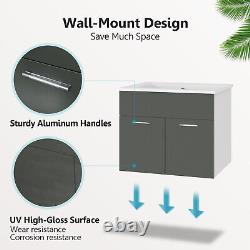Wall Hung Grey Bathroom Vanity Unit Ceramics Basin Storage Cabinet With Mirror