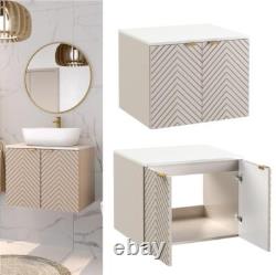 Wall Hung Vanity Unit 600mm Bathroom Cabinet Ribbed Beige White Countertop Cara