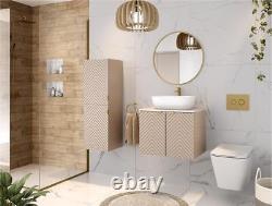 Wall Hung Vanity Unit 600mm Bathroom Cabinet Ribbed Beige White Countertop Cara