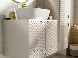 Wall Hung Vanity Unit 600mm Bathroom Cabinet Ribbed Beige White Countertop Cara