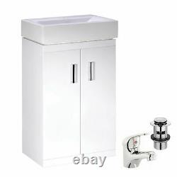 White 450mm Two Door Bathroom Cabinet Basin Sink Vanity Unit WITH Tap & Waste