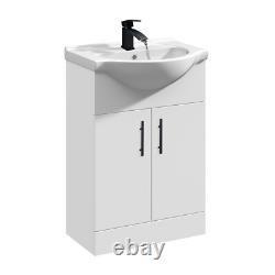 White 550mm Two Door Bathroom Cabinet Basin Sink Vanity Unit Black Tap & Waste