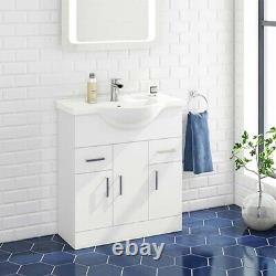 White Bathroom Vanity Unit With Ceramic Basin Gloss Sink White Doors 750MM