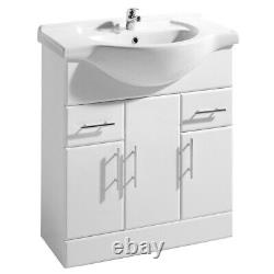 White Bathroom Vanity Unit With Ceramic Basin Gloss Sink White Doors 750MM