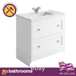 White Bathroom Vanity Unit with Marble Top Sink 2 Drawer Storage Classic 650mm