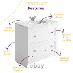 White Bathroom Vanity Unit with Marble Top Sink 2 Drawer Storage Classic 650mm