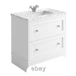 White Bathroom Vanity Unit with Marble Top Sink 2 Drawer Storage Classic 650mm