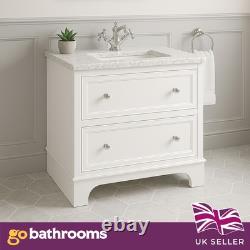 White Bathroom Vanity Unit with Marble Top Sink 2 Drawer Storage Classic 800mm