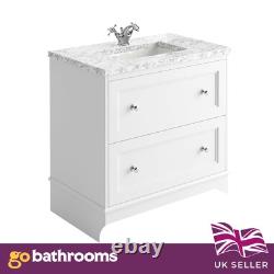 White Bathroom Vanity Unit with Marble Top Sink 2 Drawer Storage Classic 800mm