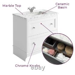 White Bathroom Vanity Unit with Marble Top Sink 2 Drawer Storage Classic 800mm