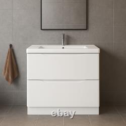 White Floor Standing Bathroom Vanity Unit With Resin Basin Sink 2 Drawer W900mm